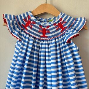Classic Whimsy Nautical Stripe Lobster Smocked Ruffle Dress Size 4T